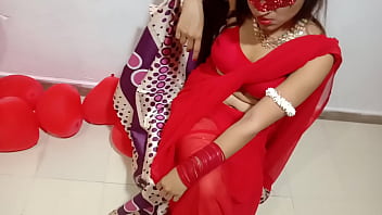 Indian bride in red saree celebrates Valentine's Day with her husband